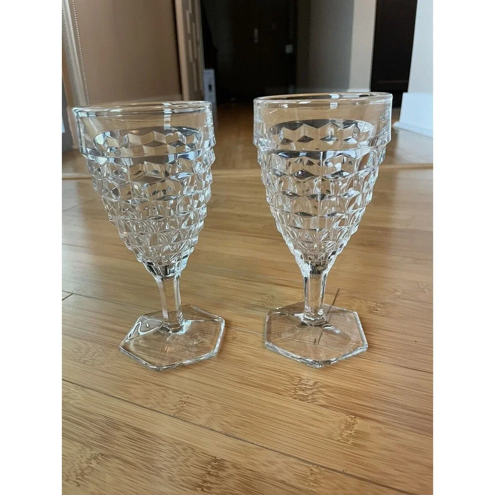 Set of 2 Vintage Fostoria‎ American Water Goblets Clear Glasses Hex Foot 6-7/8